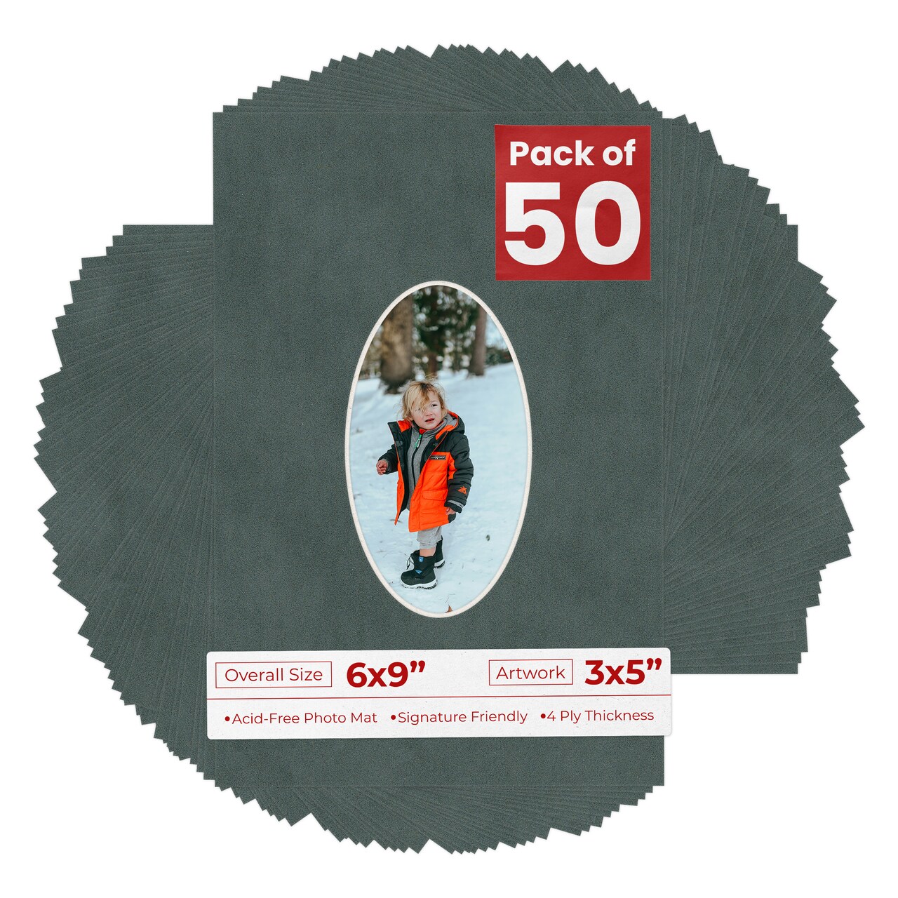 Dark Grey Suede Mat Board for 6x9 Frames - Oval Opening for 3x5 Photos